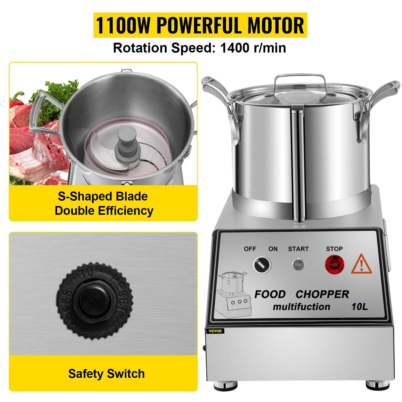 Procesador de alimentos comercial VEVOR con motor de 1100w, cuchilla en forma de S e interruptor de seguridad.