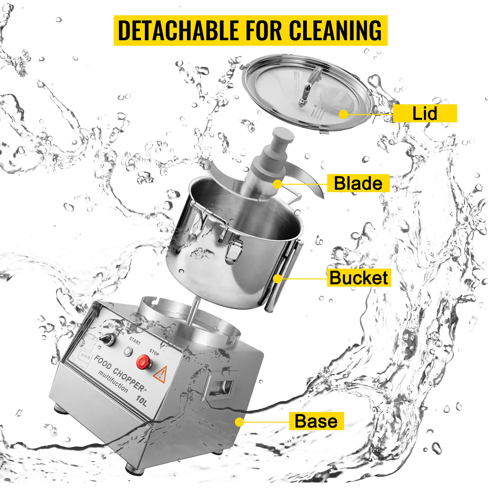 Procesador de alimentos comercial VEVOR con tapa, cuchilla, balde y base desmontables.