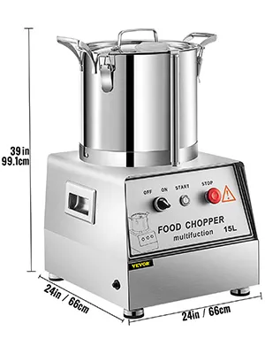 Procesador de alimentos comercial VEVOR 110v, capacidad de 15 l con dimensiones mostradas.