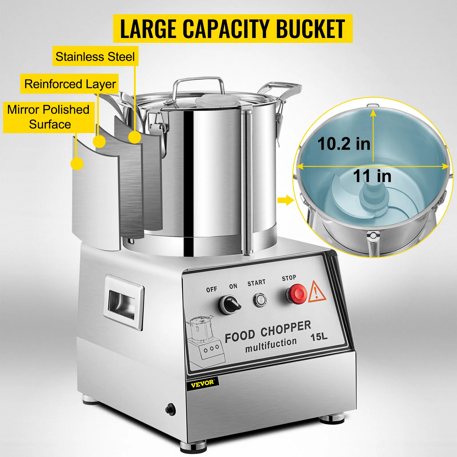 Procesador de alimentos comercial VEVOR 110v con cubo grande de acero inoxidable, capacidad de 15l.