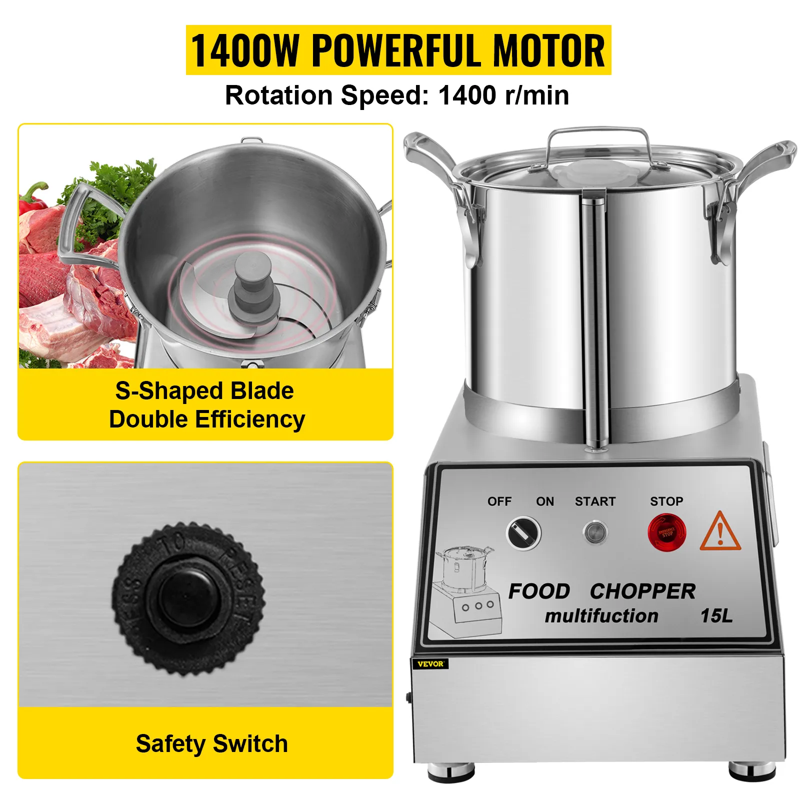 Procesador de alimentos comercial VEVOR 110v con motor de 1400w, interruptor de seguridad, cuchilla en forma de S.