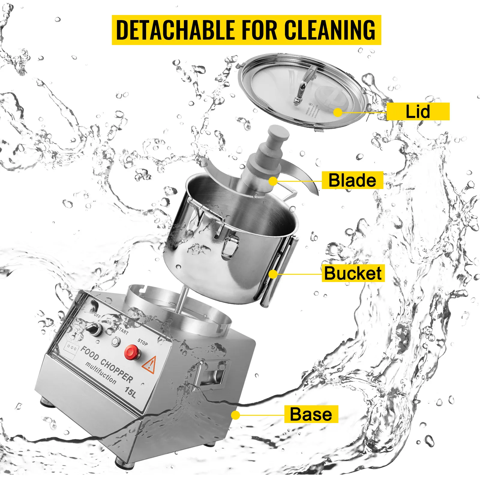 Piezas del procesador de alimentos comercial VEVOR 110v etiquetadas con fondo de salpicaduras de agua
