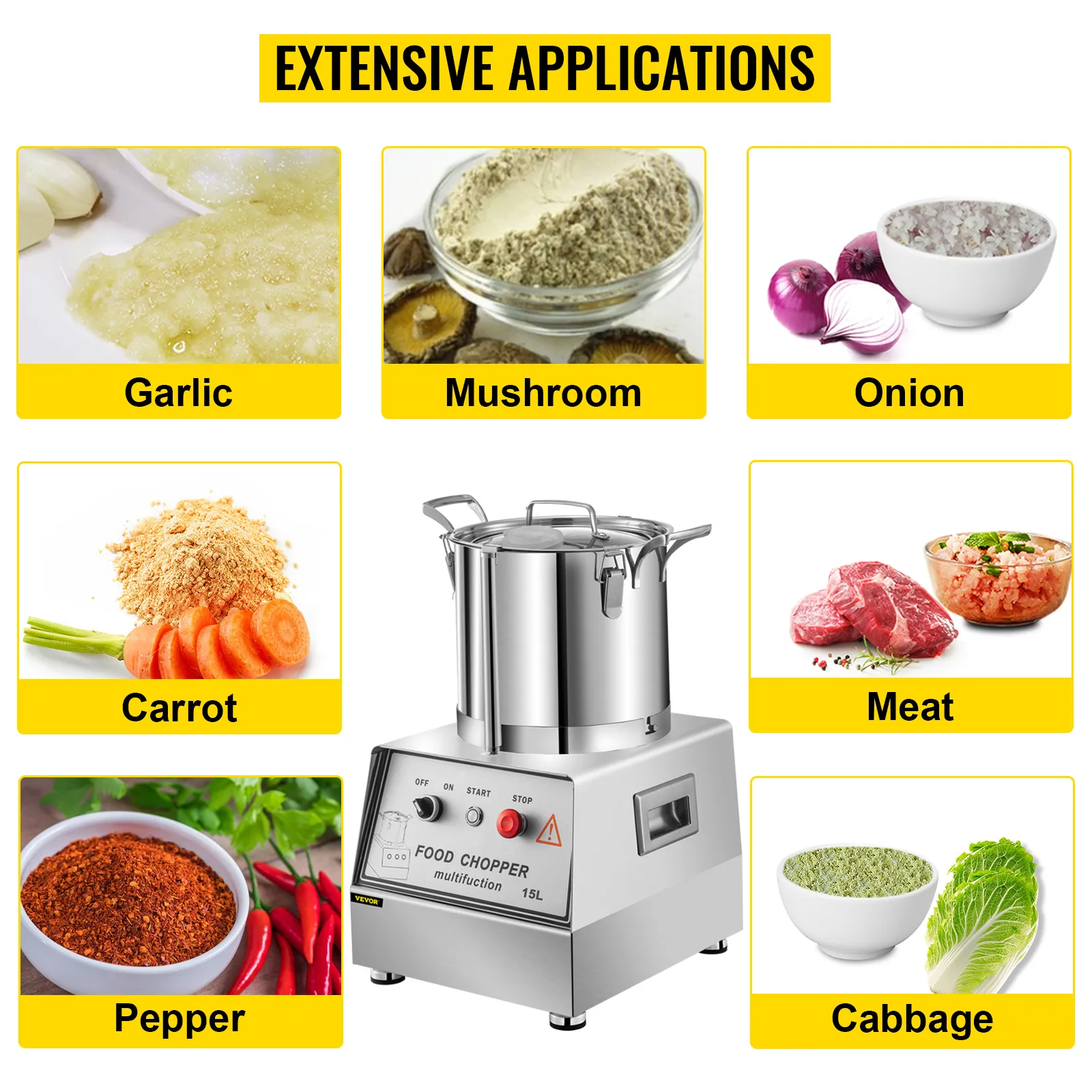 Procesador de alimentos comercial VEVOR 110v con aplicaciones para ajo, champiñones, cebolla, zanahoria, carne, pimiento y repollo.