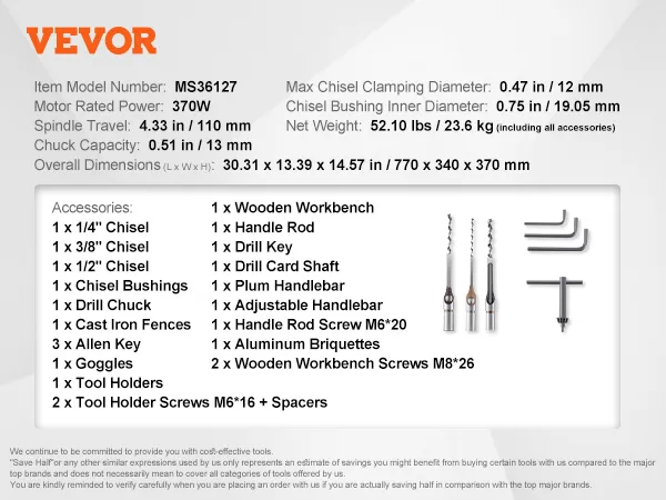 VEVOR benchtop mortise machine with 370w motor, 110mm spindle travel, and various accessories.