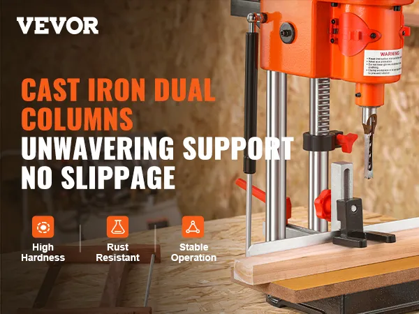 VEVOR benchtop mortise machine with cast iron dual columns for stability, high hardness, and rust resistance.