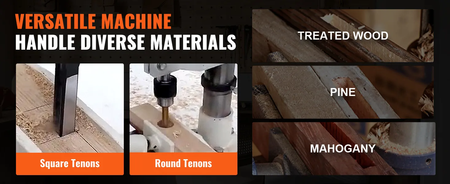 VEVOR benchtop mortise machine creating square and round tenons in treated wood, pine, and mahogany.