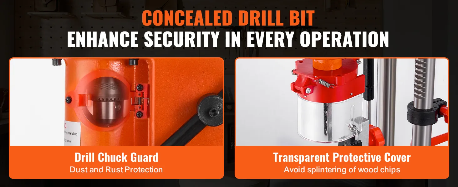 VEVOR benchtop mortise machine with drill chuck guard and transparent protective cover for safety.