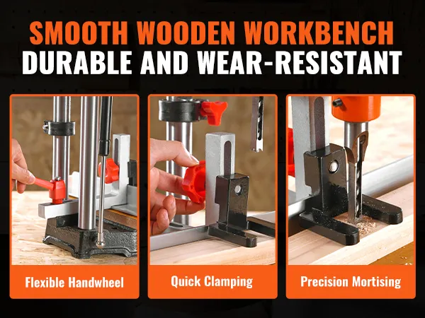smooth wooden workbench with VEVOR benchtop mortise machine featuring flexible handwheel, quick clamping, and precision mortising.