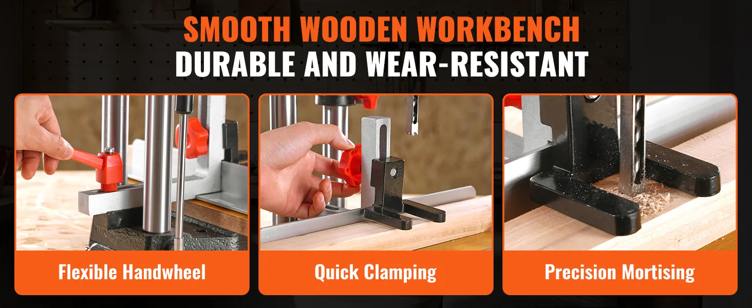smooth wooden workbench with VEVOR benchtop mortise machine featuring flexible handwheel, quick clamping, and precision mortising.