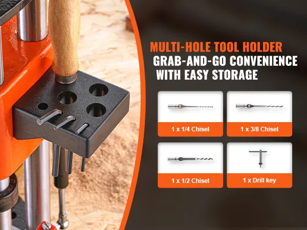 VEVOR benchtop mortise machine showcasing multi-hole tool holder with chisels and drill key attachments.