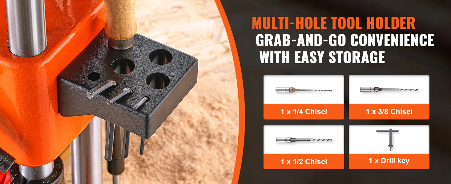 VEVOR benchtop mortise machine showcasing multi-hole tool holder with chisels and drill key attachments.
