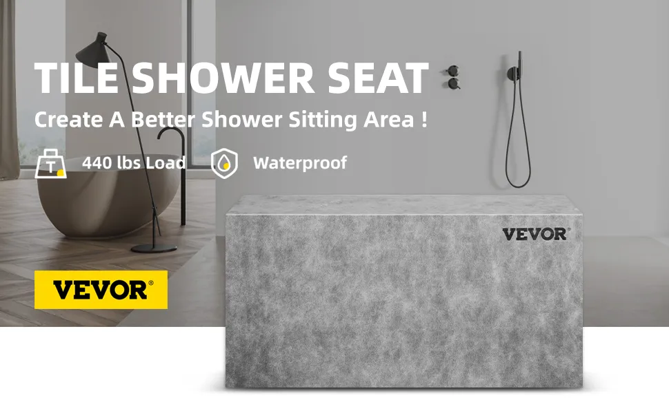 VEVOR tile shower seat, 440 lbs load, waterproof, in modern bathroom setting.