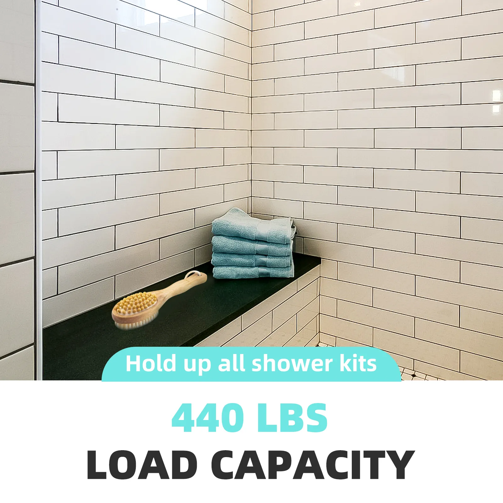 VEVOR tile shower seat with 440 lbs load capacity, black bench, blue towels, and brush on top.