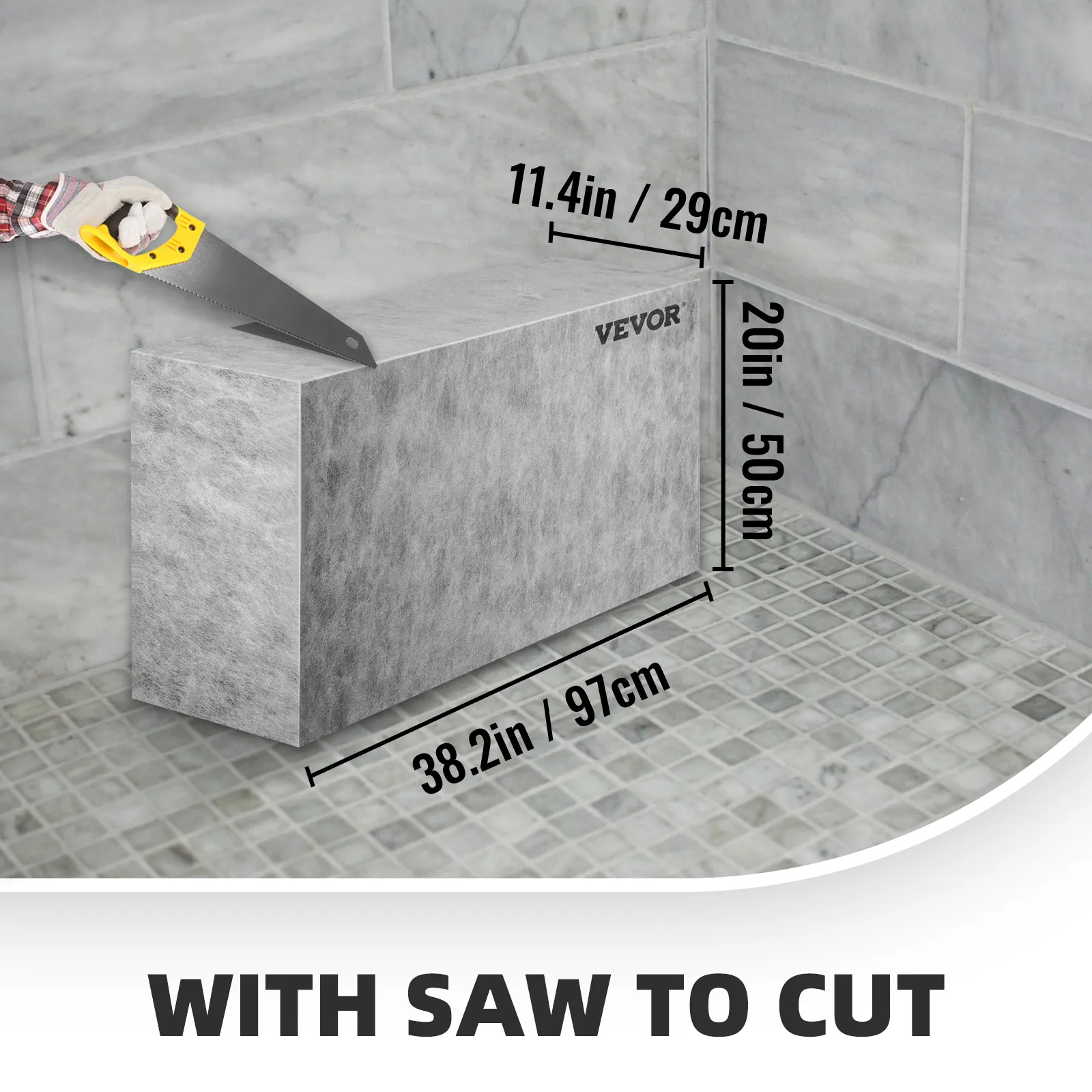 cutting a VEVOR tile shower seat using a handsaw, showcasing dimensions and gray tiled background.