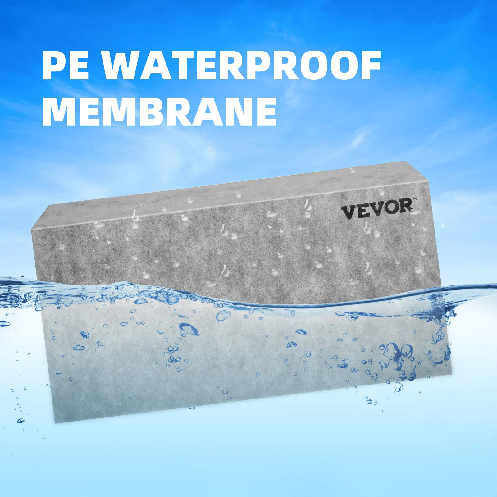 VEVOR pe waterproof membrane block in water with water droplets on the surface against blue sky.