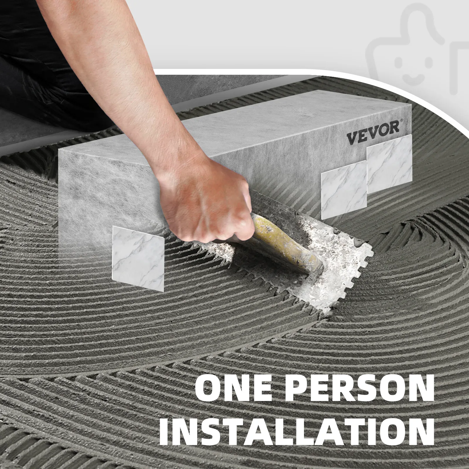 hand installing VEVOR tile shower seat with a trowel on adhesive, showcasing easy one person installation.