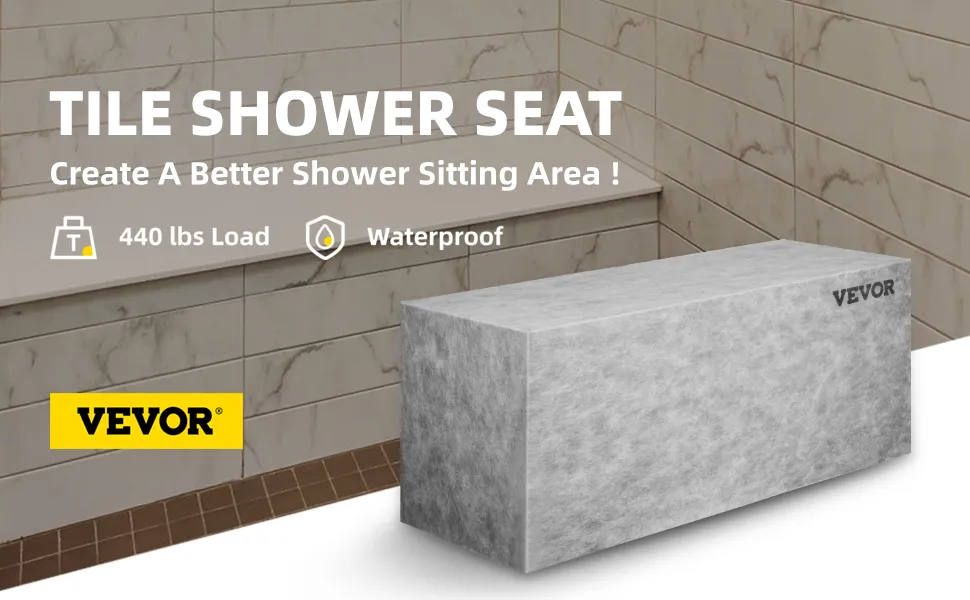VEVOR tile shower seat in a marble-tiled bathroom; holds 440 lbs, waterproof, enhances shower comfort.