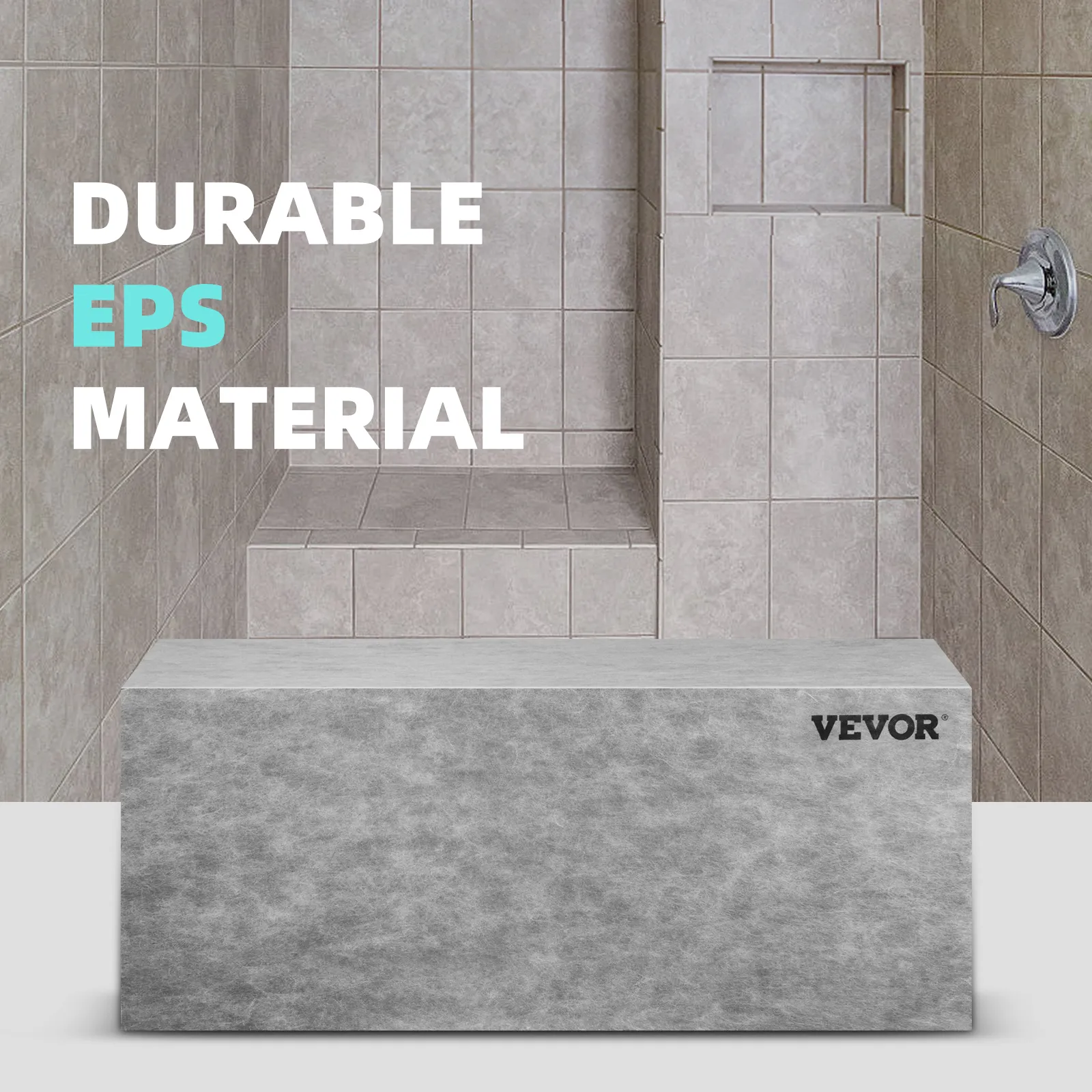 VEVOR tile shower seat in durable eps material in a tiled bathroom with a built-in shelf and handle.