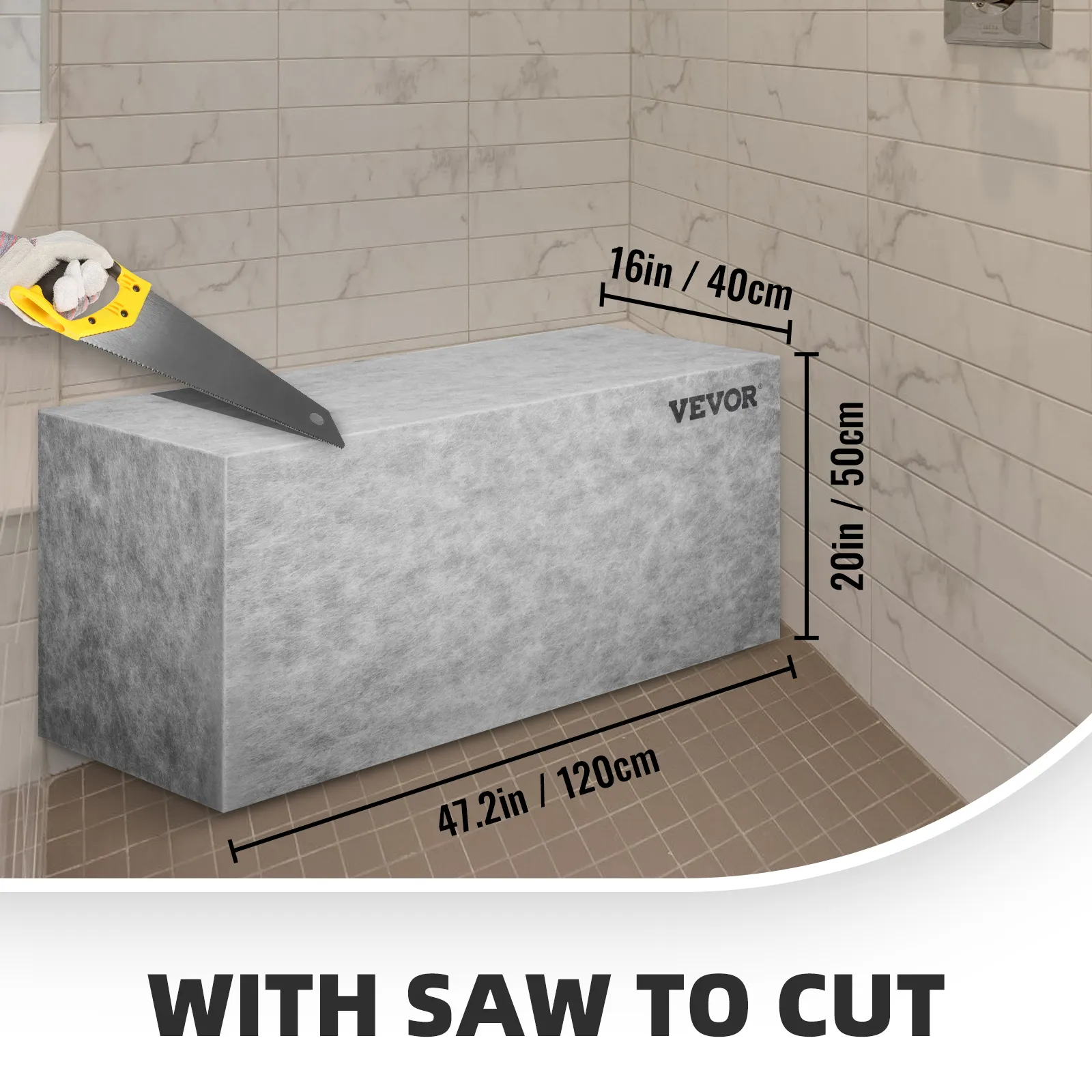 VEVOR tile shower seat being cut with a saw, shown with dimensions 47.2in x 20in x 16in.