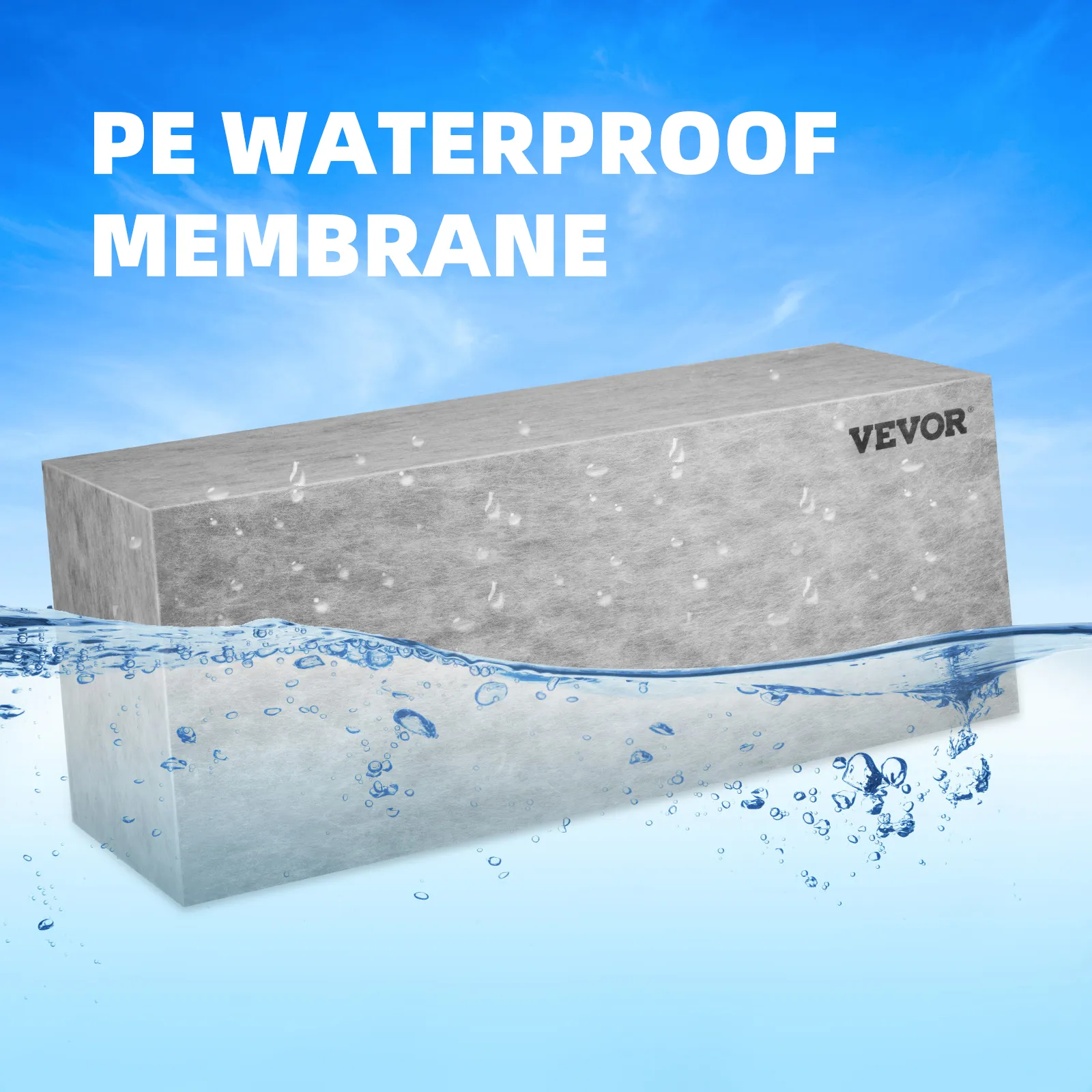VEVOR tile shower seat with pe waterproof membrane against a blue sky and water splashes.