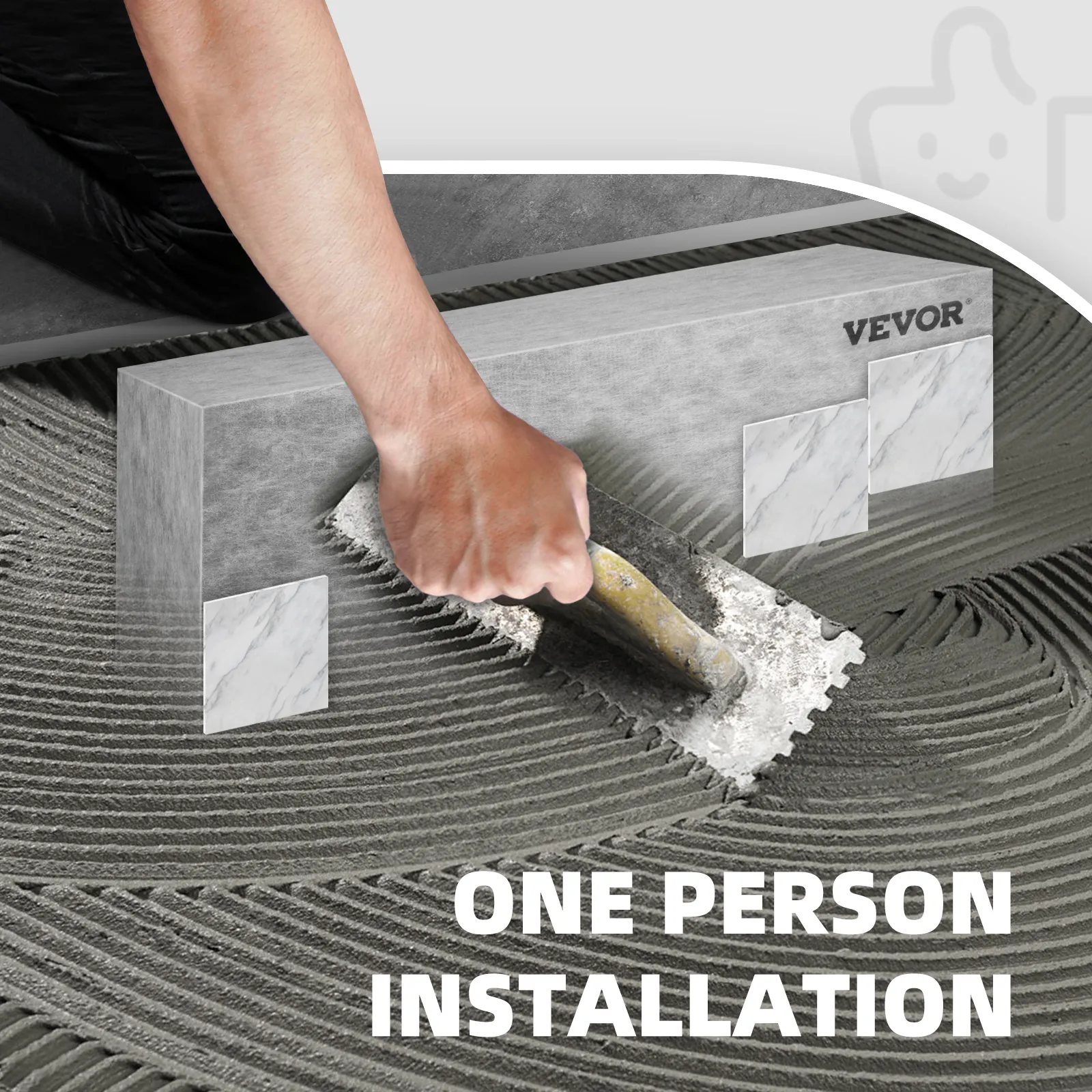 installing VEVOR tile shower seat with hand trowel on adhesive surface, showcasing ease for one person.