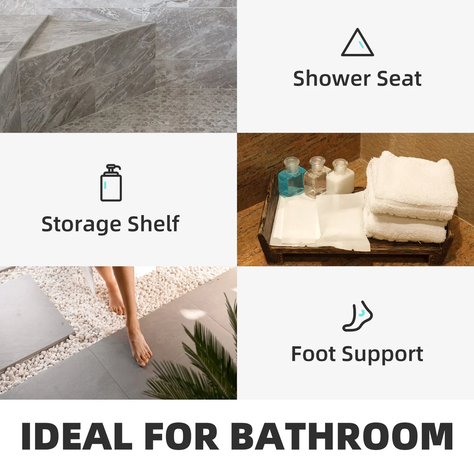 VEVOR tile shower seat with storage shelf, foot support, and elegant bathroom decor. ideal for bathrooms.