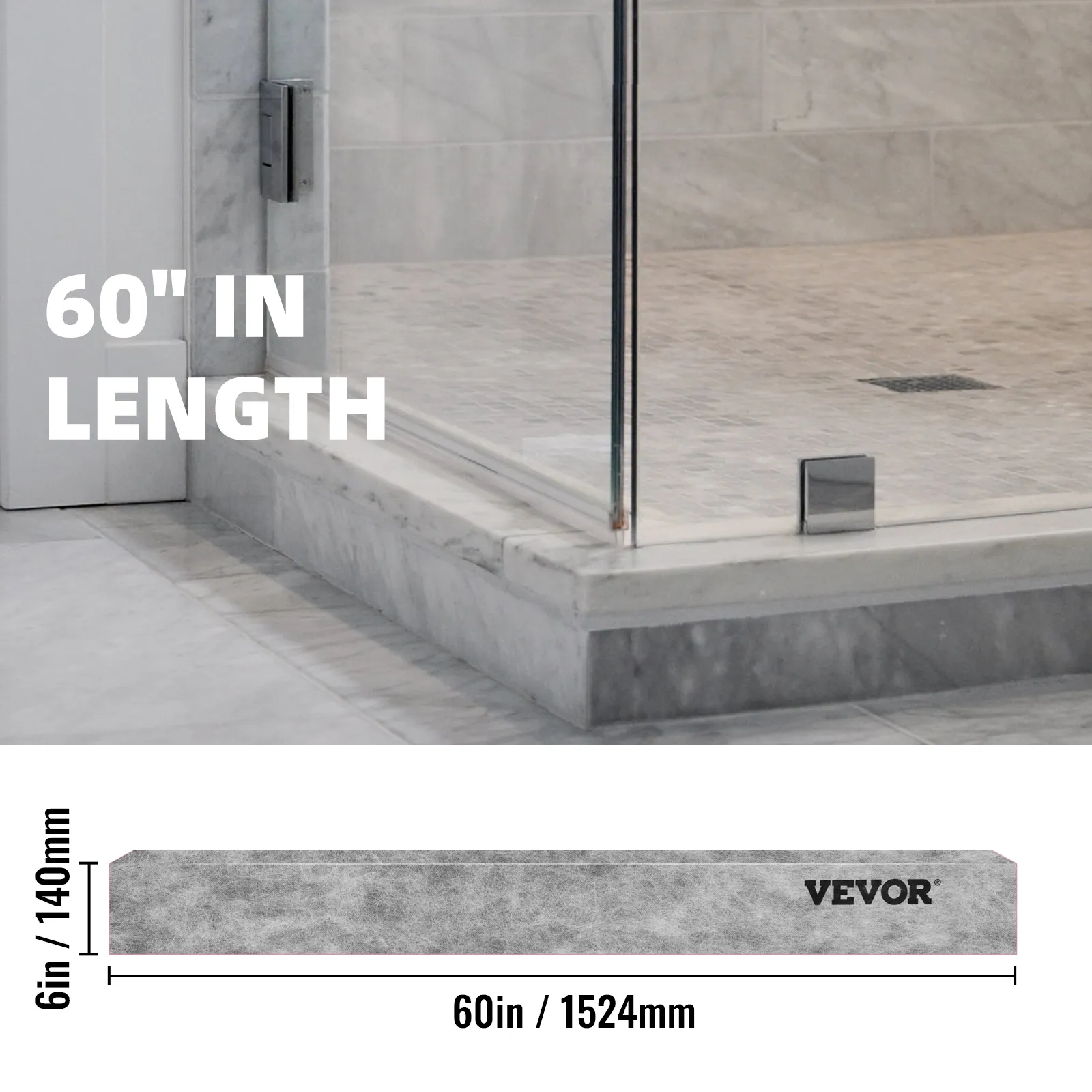 VEVOR shower curb in elegant marble bathroom, 60 inches in length, with glass shower enclosure.