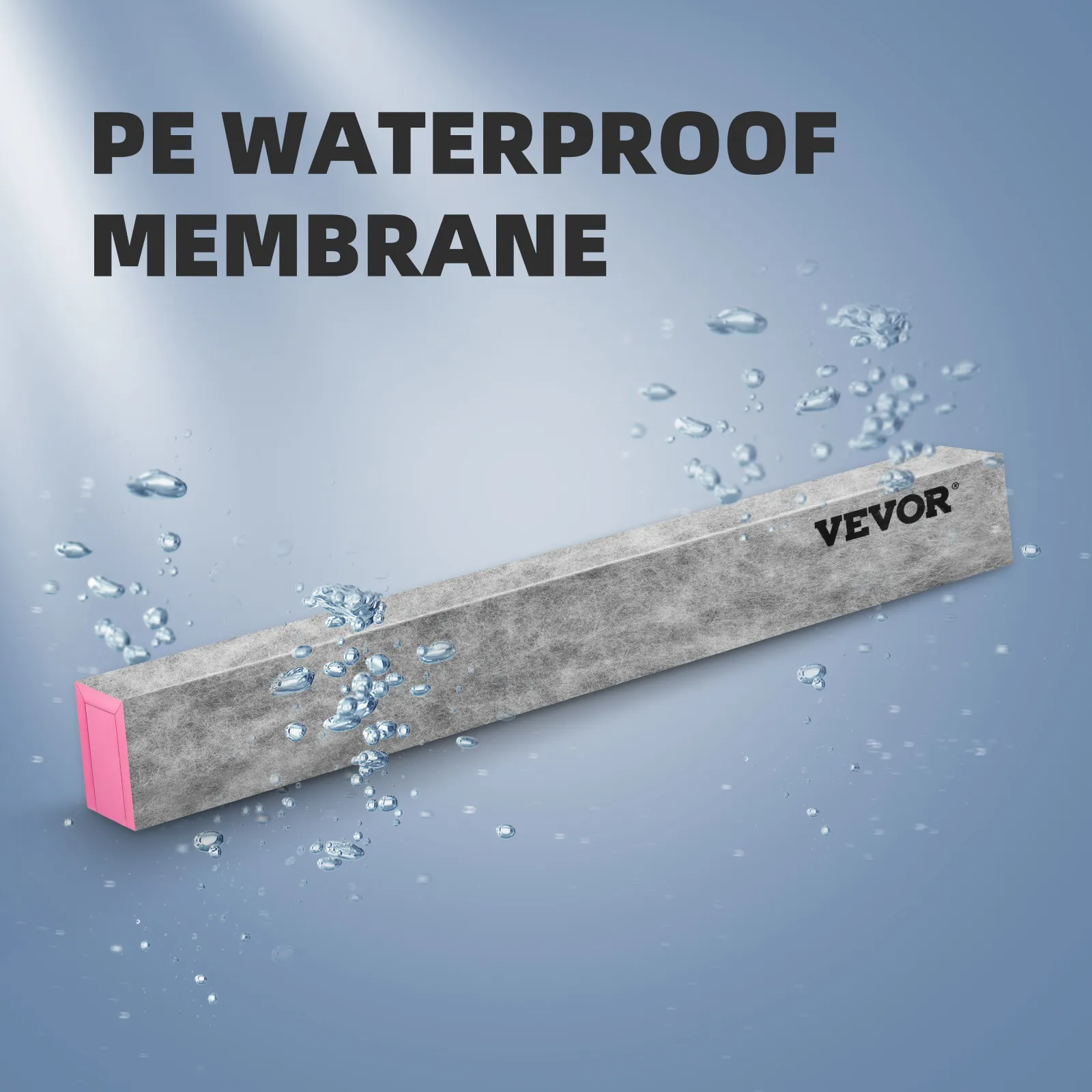 VEVOR shower curb with pe waterproof membrane and water droplets on a blue gradient background.