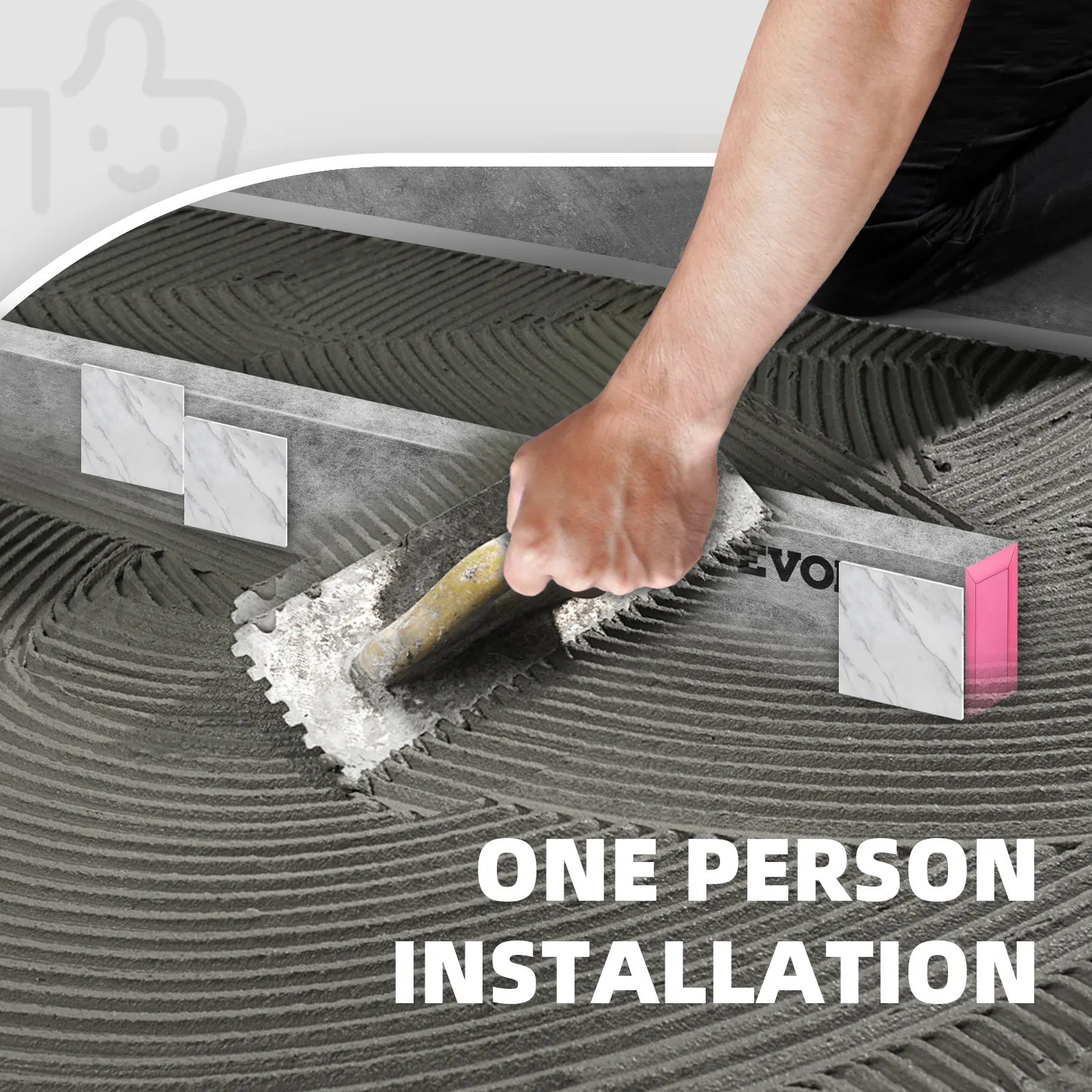 hand installing the VEVOR shower curb with gray adhesive in a bathroom renovation, showcasing ease of use.