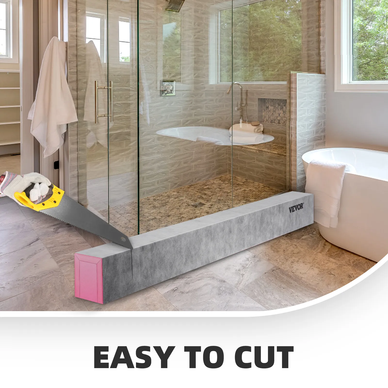 VEVOR shower curb being cut with a handsaw, next to a glass shower and a white bathtub. easy to cut.