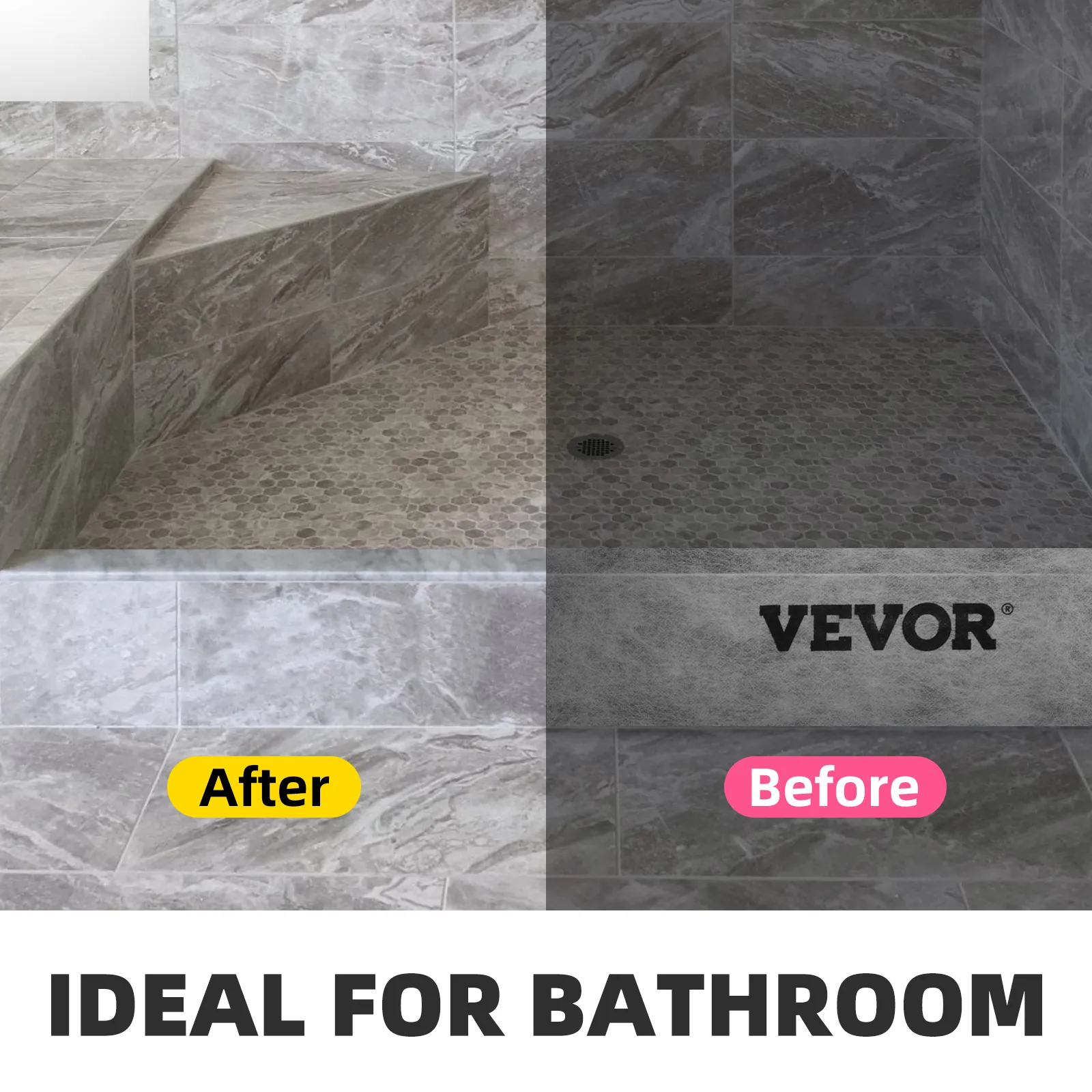 VEVOR shower curb before and after installation; ideal for bathroom upgrades.