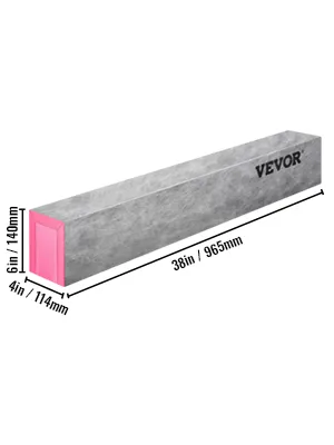 Dimensiones del bordillo de ducha VEVOR: 38 pulgadas de largo, 6 pulgadas de alto, 4 pulgadas de ancho, bloque gris cuadrado con extremo rosa.