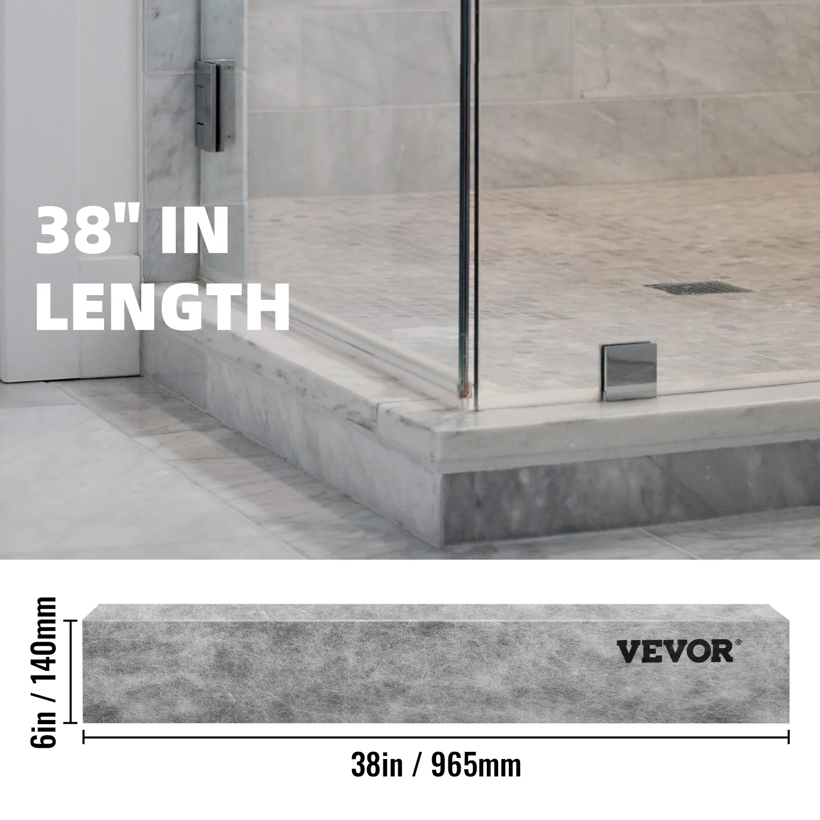 Bordillo de ducha VEVOR, de 38 pulgadas de largo, instalado en un moderno baño con azulejos de mármol y puertas de vidrio.
