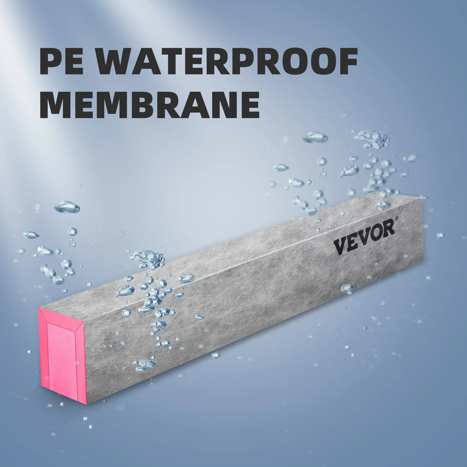 Bordillo de ducha VEVOR con membrana impermeable de pe, bloque gris y rosa, salpicaduras de agua sobre fondo azul.