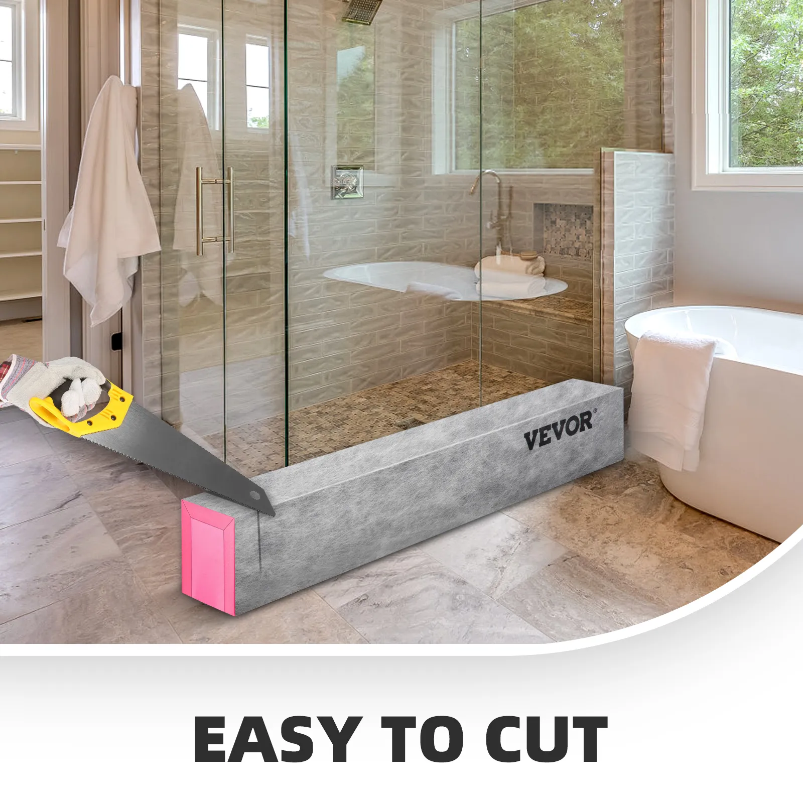 La bordura de ducha VEVOR es fácil de cortar y se muestra en un baño moderno con ducha y bañera de vidrio.