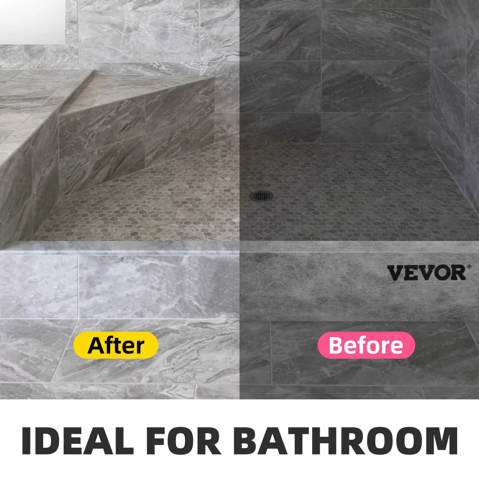 Comparación de la instalación del bordillo de ducha VEVOR antes y después de la instalación en un baño alicatado. Ideal para uso en el baño.