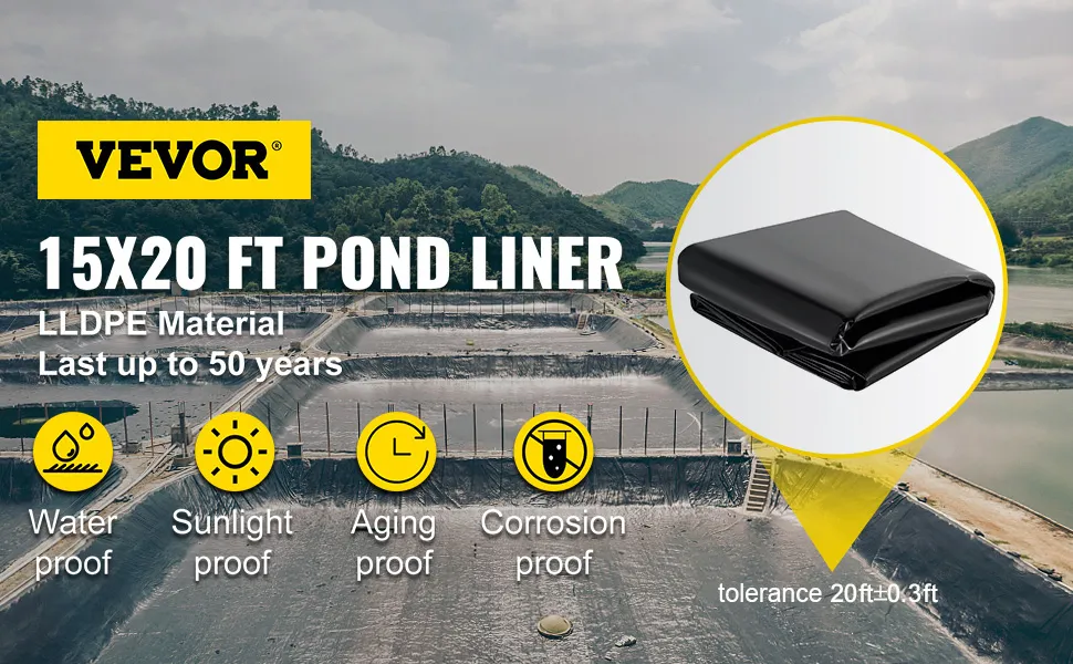 VEVOR pond liner 15x20 ft, waterproof, sunlight proof, aging proof, corrosion proof.