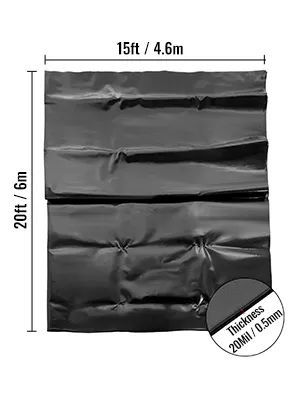 VEVOR pond liner, 15ft x 20ft, 20mil thickness, black material.