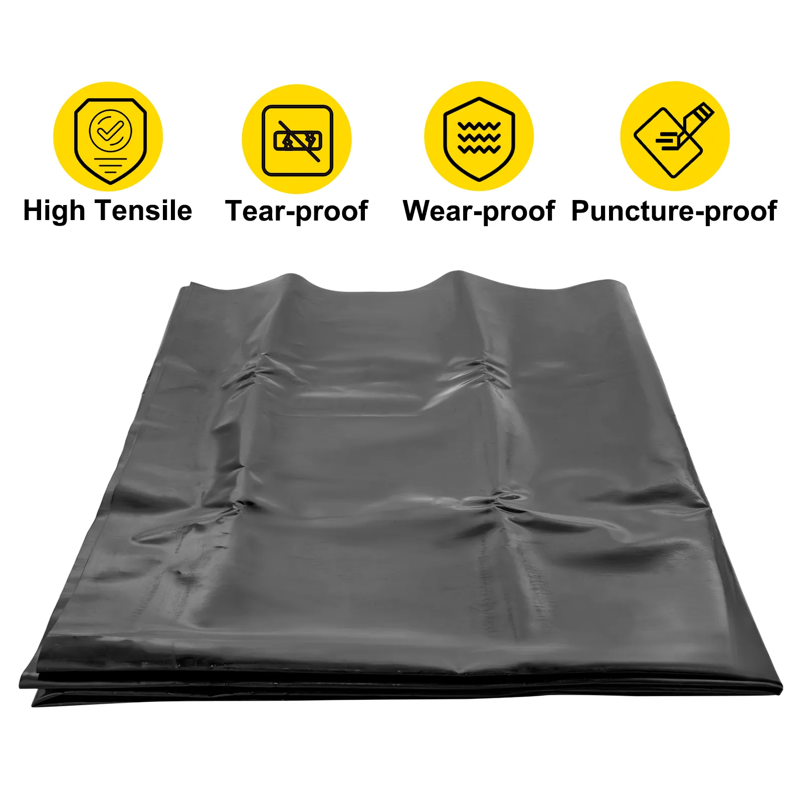 VEVOR pond liner showcasing its high tensile, tear-proof, wear-proof, and puncture-proof features.