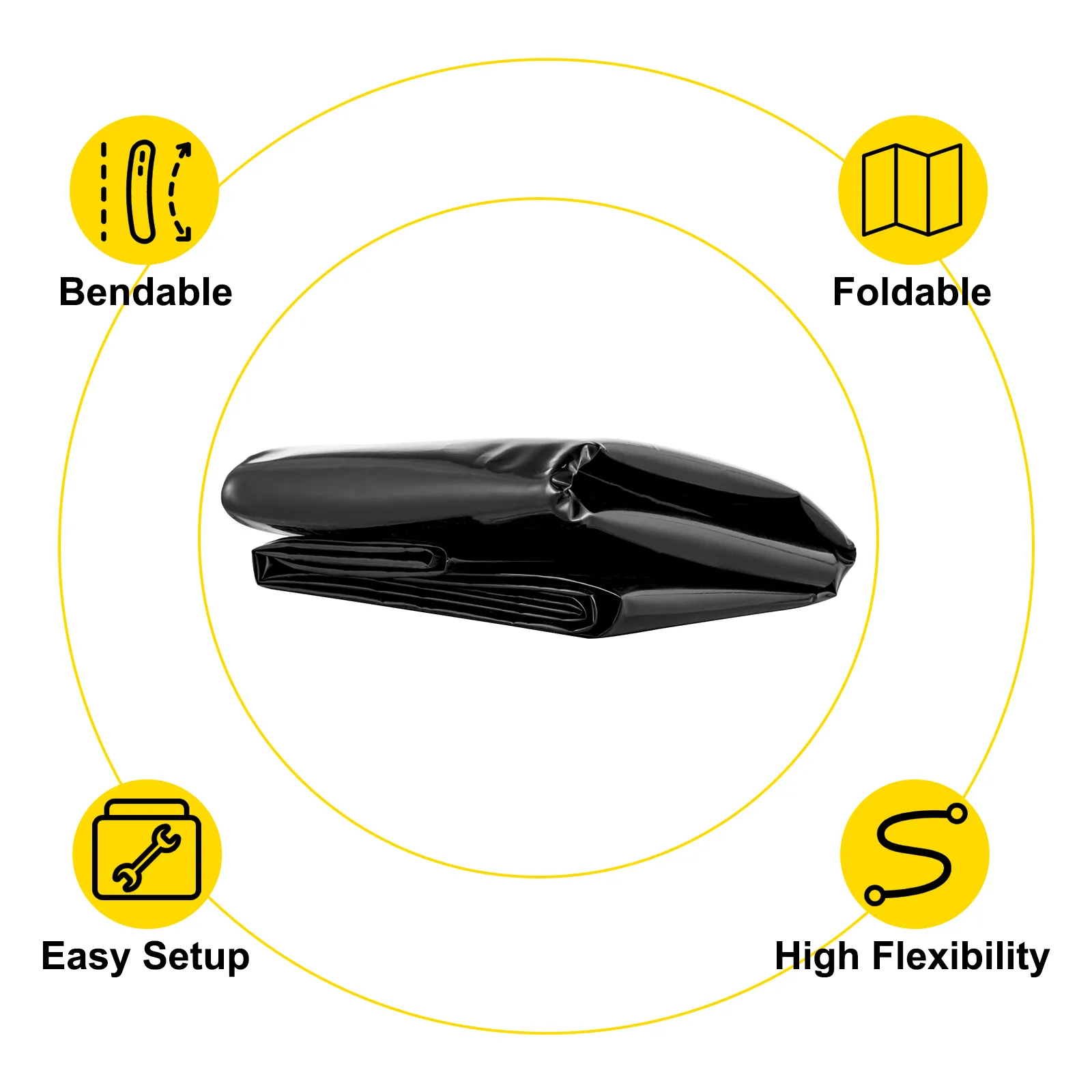 VEVOR pond liner showcasing bendable, foldable, easy setup, and high flexibility features.