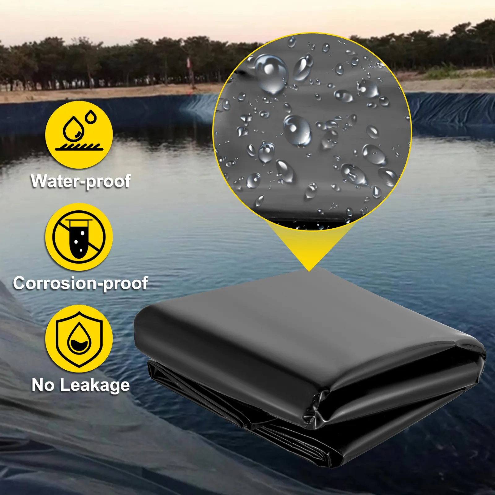VEVOR pond liner: waterproof, corrosion-proof, and leak-free in a reflective pond setting.