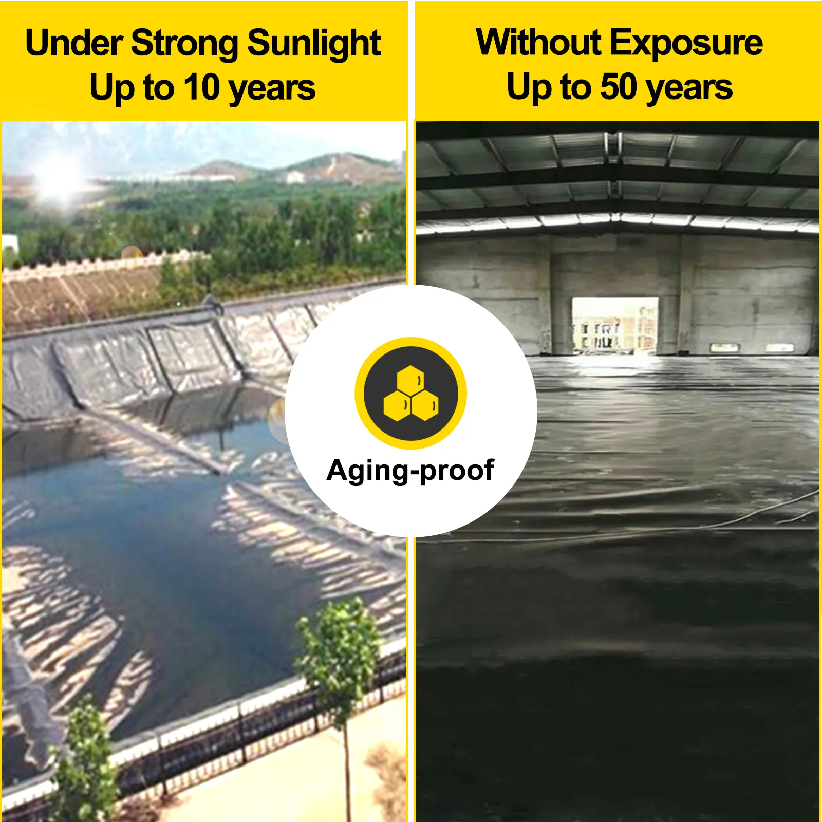 VEVOR pond liner durability: 10 years in sunlight, 50 years without exposure, aging-proof.