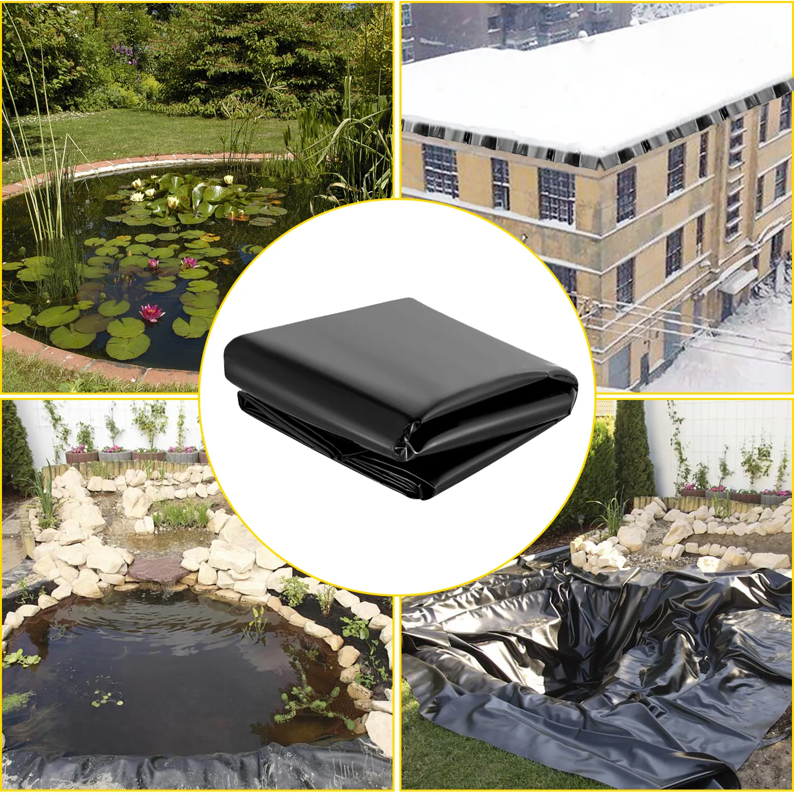 VEVOR pond liner used for garden ponds and landscapes in various settings.
