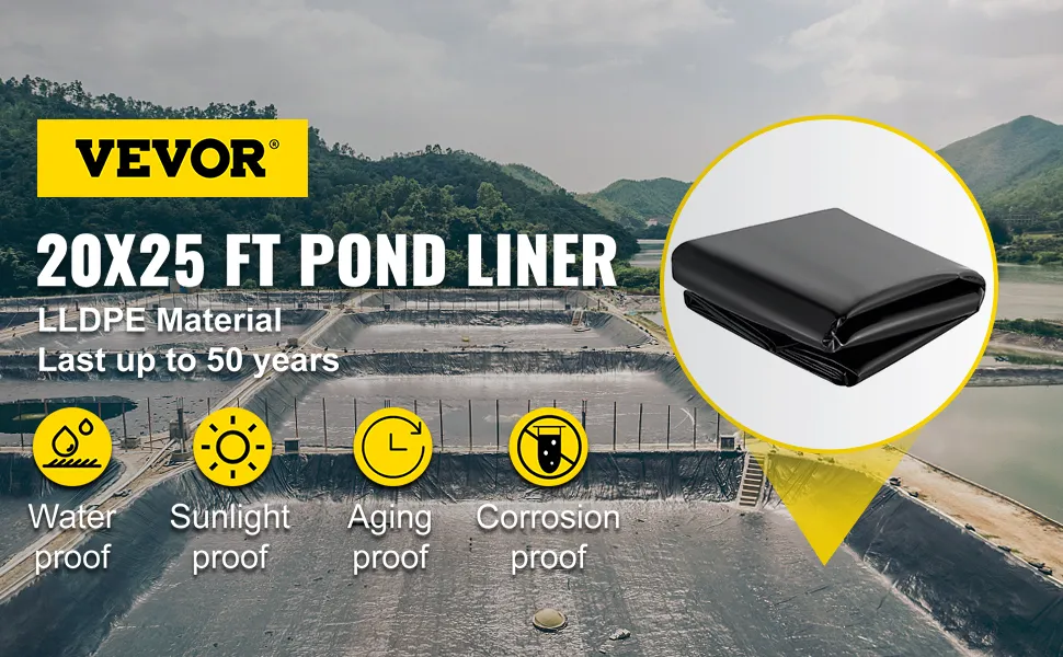 VEVOR vijverfolie 20x25 ft, lldpe, waterdicht, zonlichtbestendig, verouderingsbestendig, corrosiebestendig.