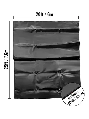 VEVOR vijverfolie 20ft x 25ft, dikte 20mil / 0,5mm, gevouwen zwart materiaal.