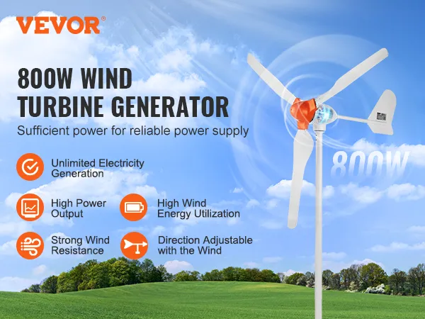 VEVOR wind turbine generator on a green field, showcasing high power output and strong wind resistance.