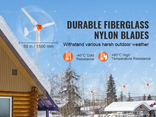 VEVOR wind turbine generator with durable fiberglass nylon blades in snow-covered residential area.