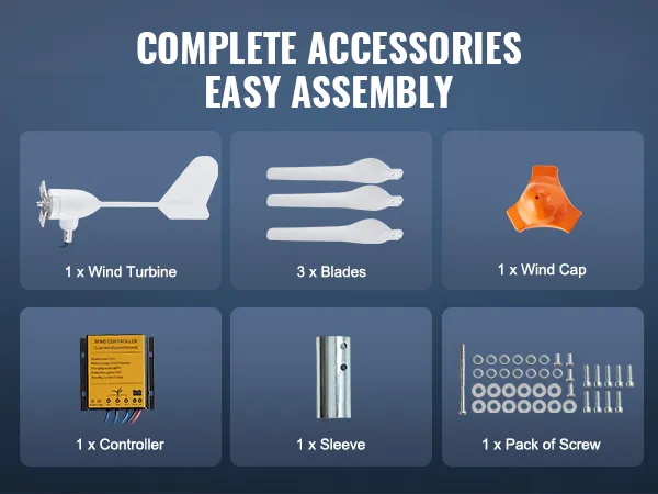 complete accessories for VEVOR wind turbine generator: turbine, blades, wind cap, controller, sleeve, screws.