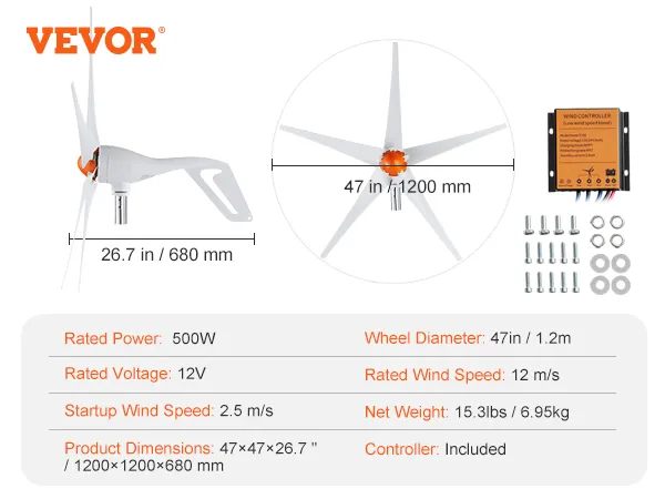Szczegóły dotyczące turbiny wiatrowej VEVOR o mocy 500 W, średnicy 47 cali, 5 łopatkach i dołączonym kontrolerze.