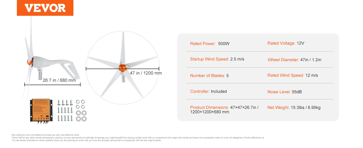 Szczegóły dotyczące turbiny wiatrowej VEVOR o mocy 500 W, średnicy 47 cali, 5 łopatkach i dołączonym kontrolerze.